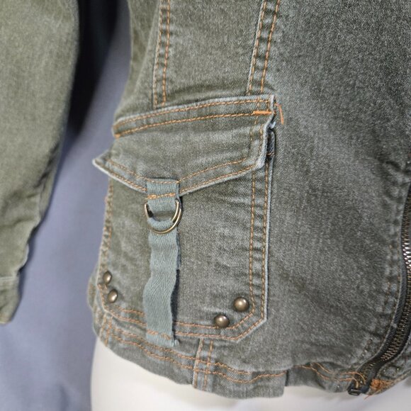 Y2K Fitted Denim Utility Jacket Size XXL Green Full Zip Flap Pockets Grunge - Picture 4 of 16